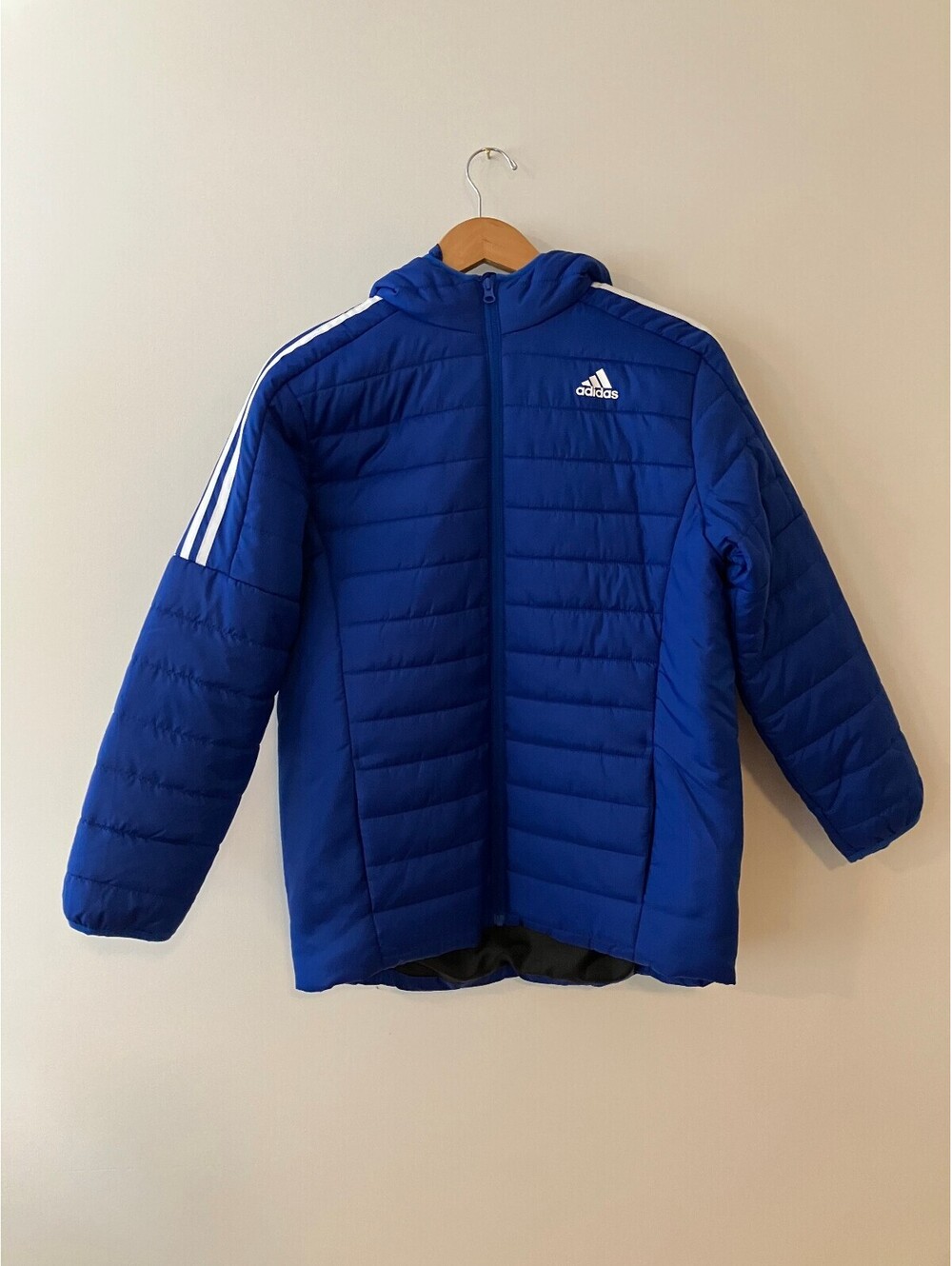 Adidas Youth L 14/16 Blue Puffer Jacket Hooded 3 Stripes Insulated Quilted